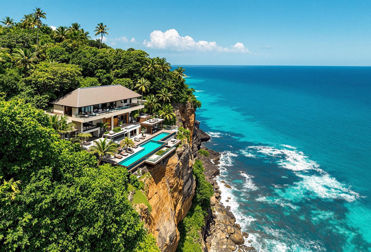 An aerial photograph captures the stunning Anamaya Resort in Montezuma, Costa Rica, showcasing its unique architecture and breathtaking ocean views.