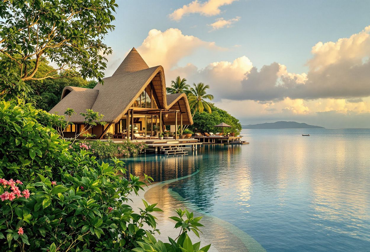 A serene photograph capturing the beauty of Sen Wellness Sanctuary in Rekawa, Sri Lanka, nestled beside a tranquil lagoon and surrounded by lush greenery.