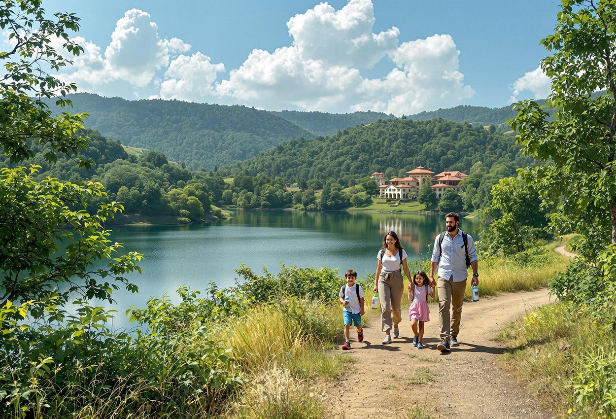 A scenic photograph capturing the beauty of Karnataka, India, featuring a tranquil lake, lush forests, and an Ayurvedic resort, showcasing the region