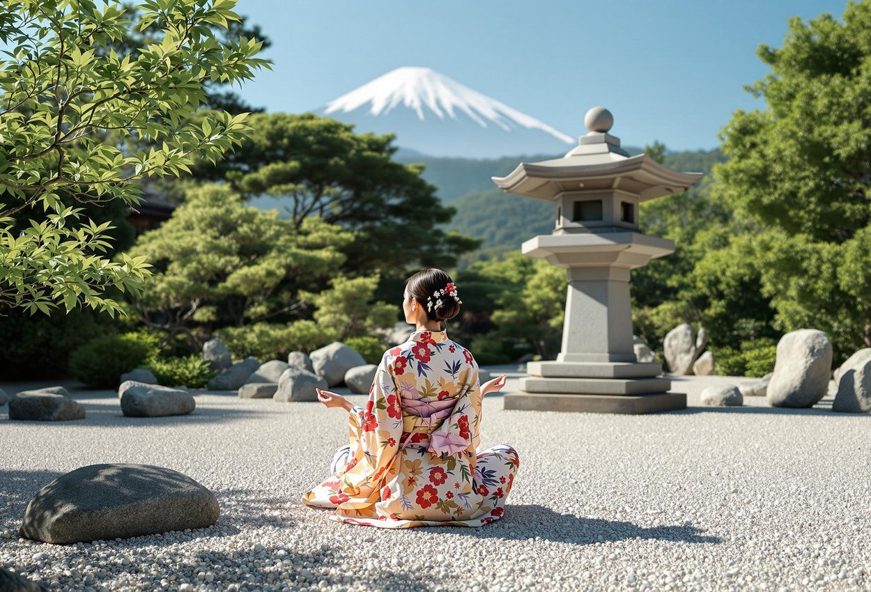 A landscape photograph capturing a peaceful Zen retreat in Kyoto, Japan, featuring a woman meditating in a traditional garden with a stone lantern under a clear blue sky.
