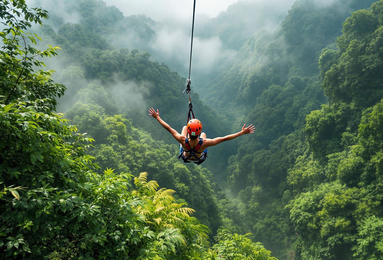 Ziplining Adventure in Monteverde Cloud Forest, Costa Rica A stunning photograph capturing the thrill of ziplining through the Monteverde cloud forest in Costa Rica. Experience the lush beauty and adventure of this unique ecosystem.