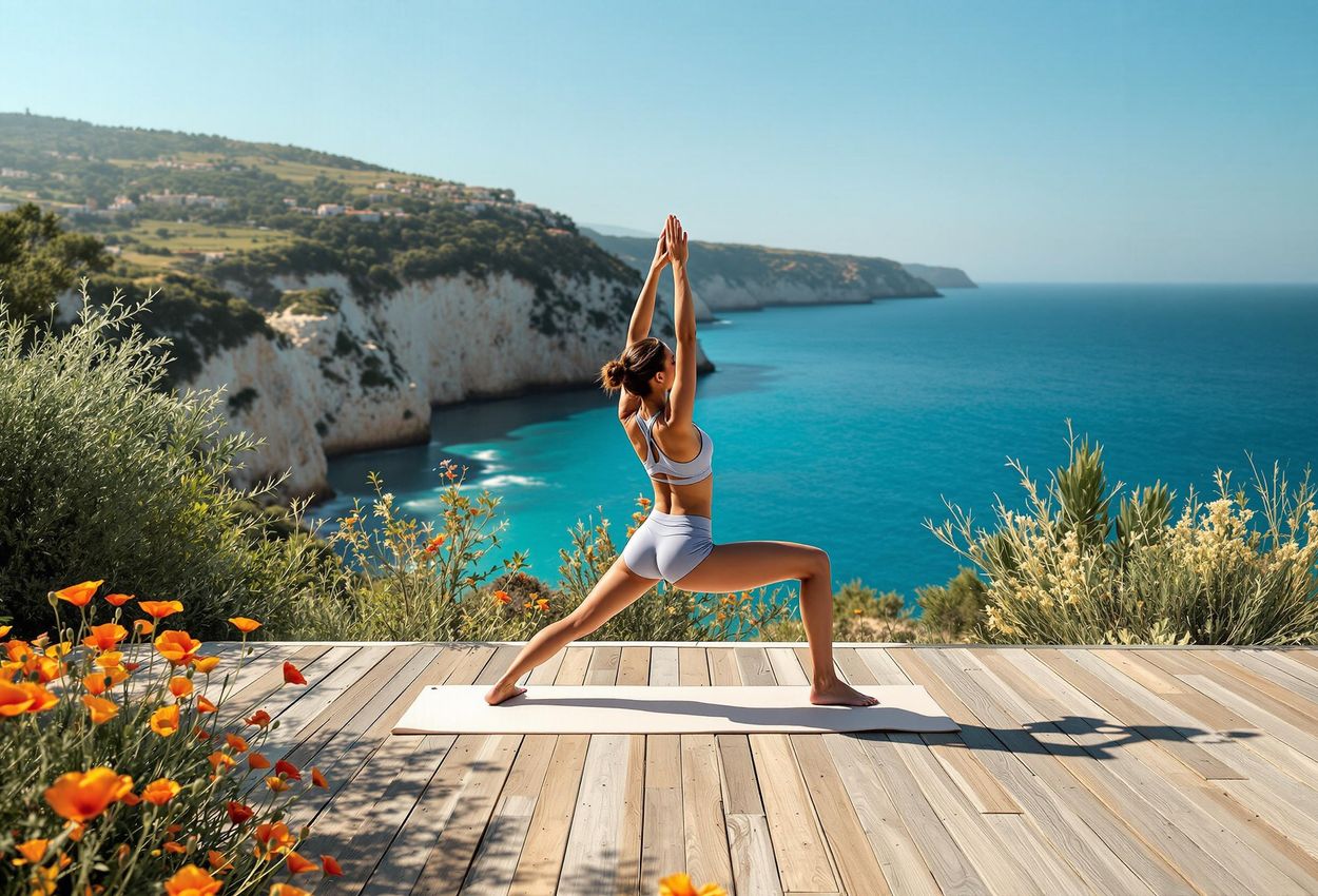 A landscape photograph of a woman practicing yoga on a deck overlooking the Mediterranean Sea at an eco-retreat in Menorca, Spain.