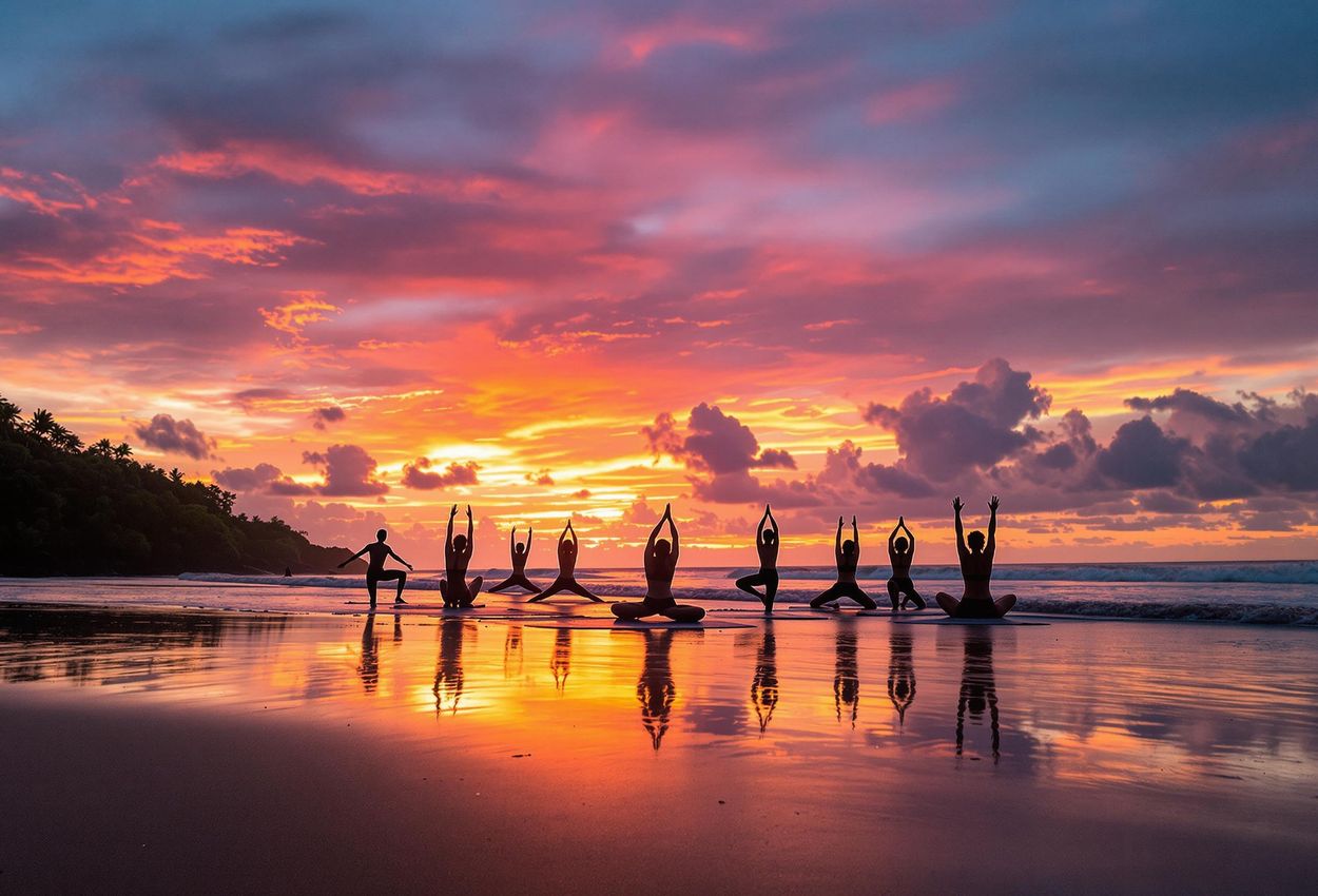 Sunrise Yoga Session on Serene Nosara Beach, Costa Rica A tranquil sunrise captures a yoga session on Playa Guiones, Nosara, Costa Rica. Silhouettes of practitioners are set against a vibrant sky, reflecting peace and natural beauty.