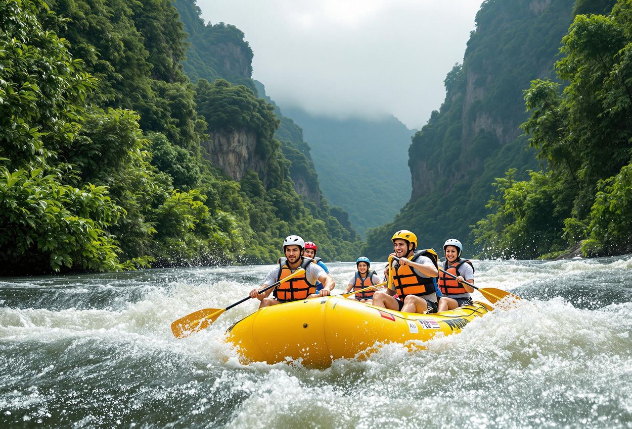 Rafting the Pacuare River: A Costa Rican Adventure A dynamic photograph capturing a thrilling white-water rafting experience on the Pacuare River in Costa Rica, showcasing the lush rainforest and the spirit of adventure.