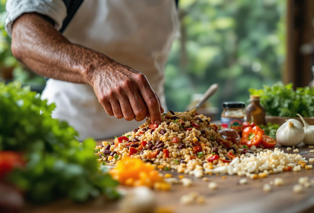 Costa Rican Chef Preparing Gallo Pinto at Lapa Rios Lodge A close-up photograph captures a Costa Rican chef preparing the traditional dish, Gallo Pinto, at the Lapa Rios Lodge in the Osa Peninsula. The image highlights the fresh, local ingredients and the chef