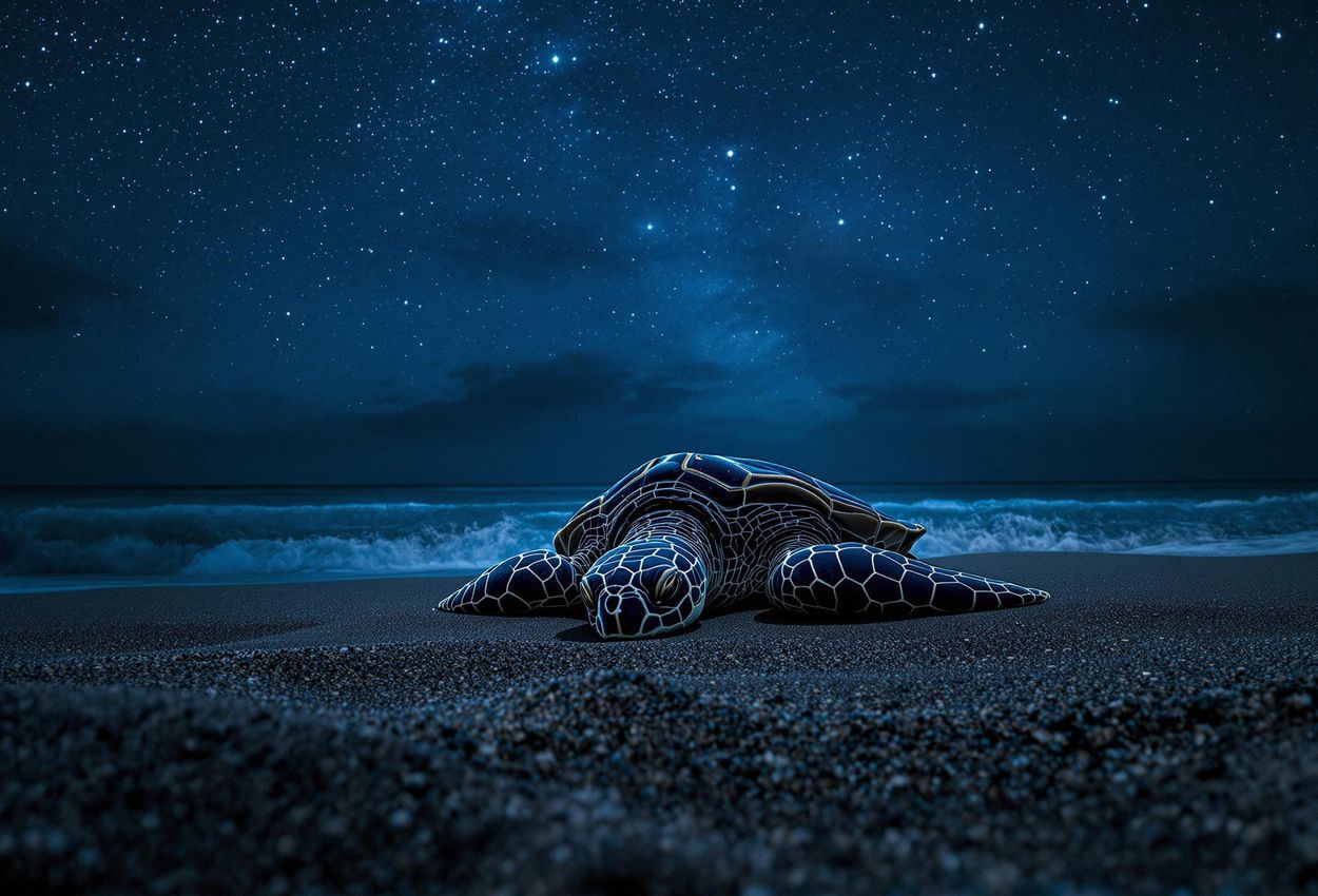 Sea Turtle Laying Eggs on Tortuguero Beach at Night A low-angle photograph captures a sea turtle laying eggs on a moonlit beach in Tortuguero National Park. The image emphasizes the turtle
