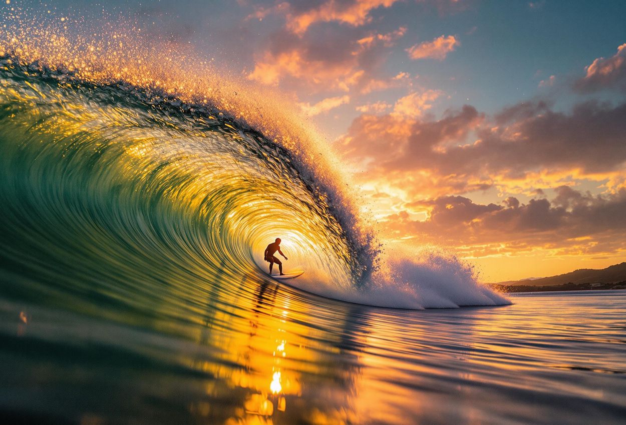 Surfer Riding Wave at Sunset in Santa Teresa, Costa Rica A wide-angle telephoto photograph captures a surfer silhouetted against a vibrant sunset in Santa Teresa, Costa Rica. The golden wave and dramatic sky create a stunning scene of freedom and adventure.