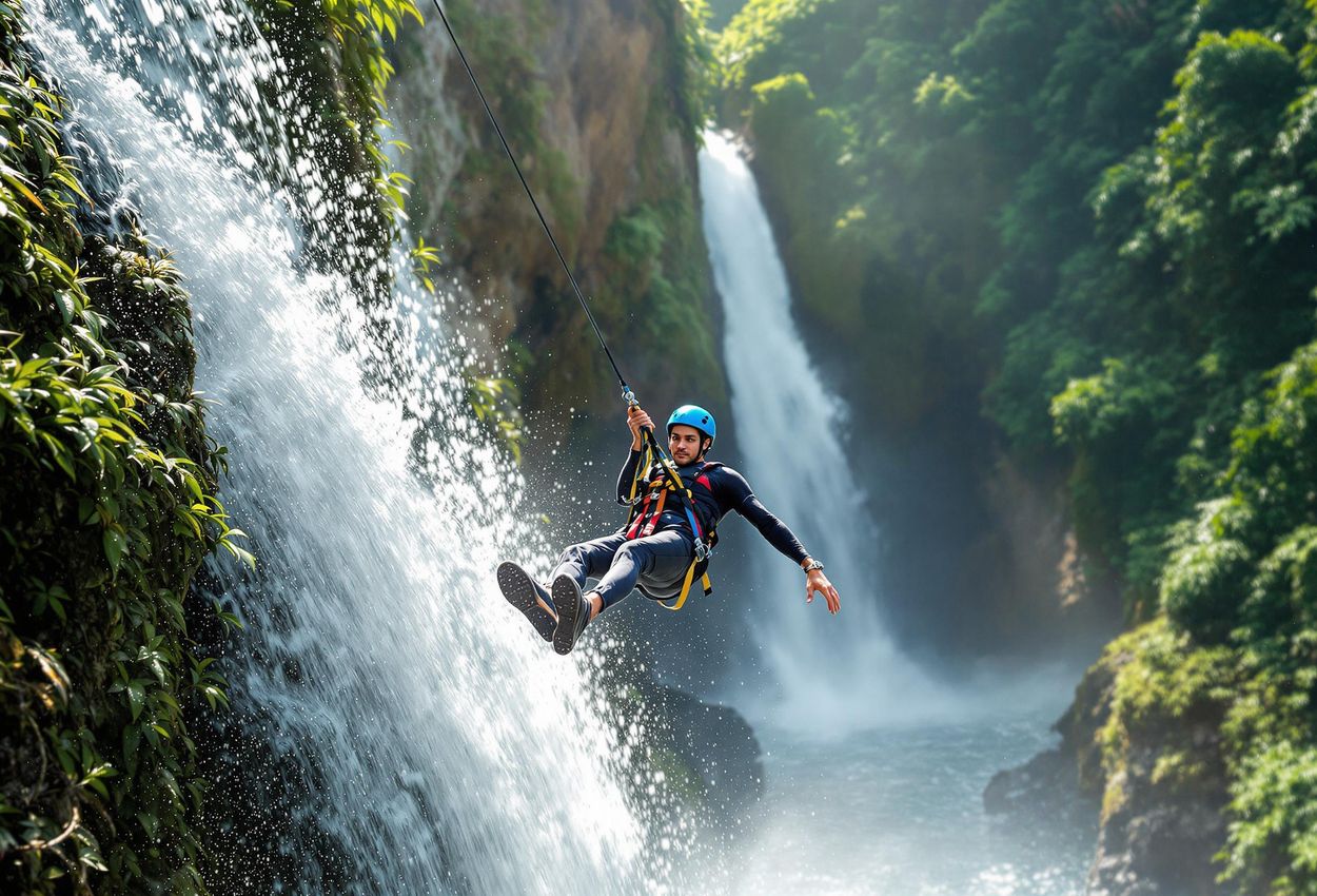 Canyoning Adventure at La Fortuna Waterfall, Costa Rica A captivating photograph of a person rappelling down a stunning waterfall near La Fortuna, Costa Rica, surrounded by lush rainforest. The image captures the thrill and beauty of canyoning in a pristine natural setting.