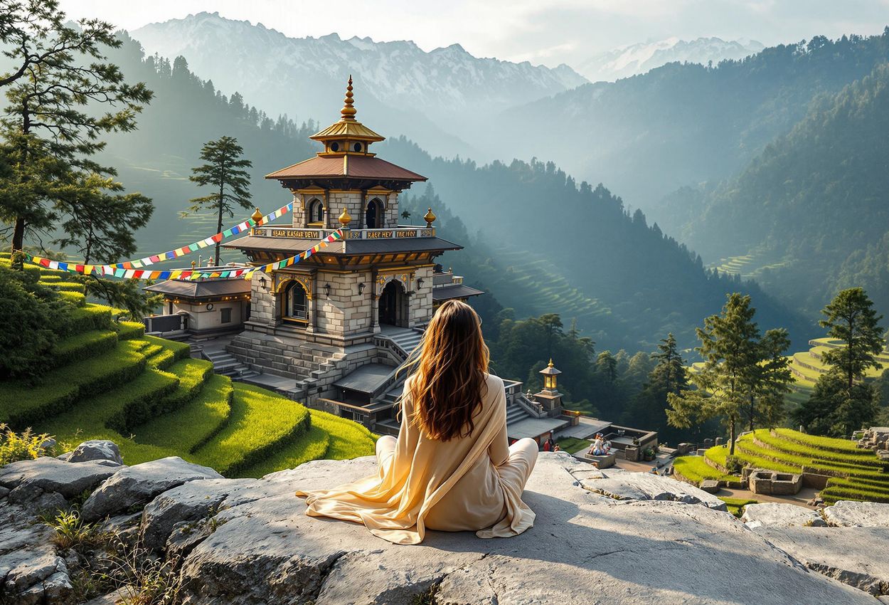 A photograph of the Kasar Devi Temple nestled in the Himalayas, featuring a meditating traveler and lush green hills under a warm, ethereal light.