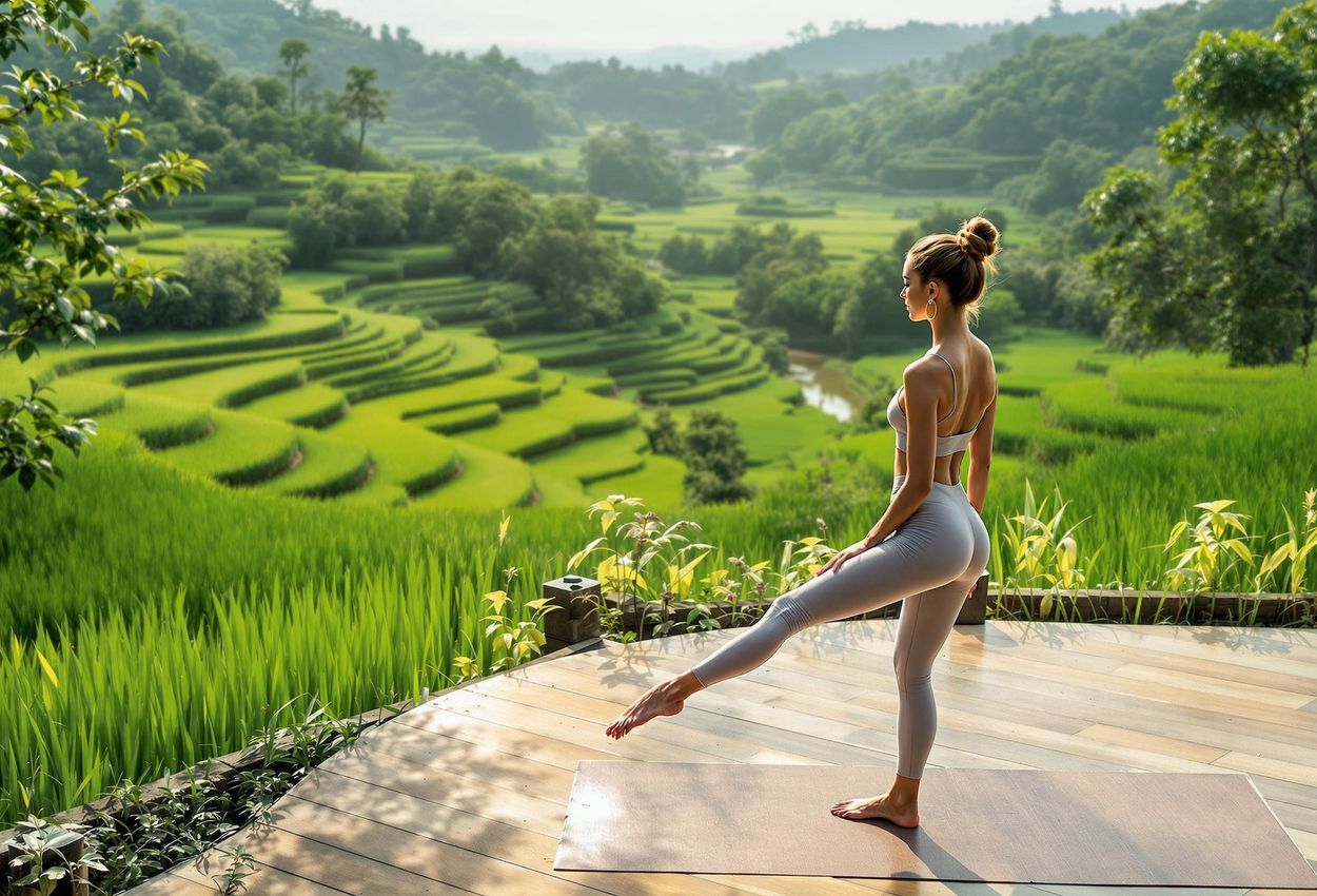 A woman practices yoga on a wooden deck overlooking lush rice paddies at the luxurious COMO Shambhala Estate in Ubud, Bali. A peaceful and balanced lifestyle scene.