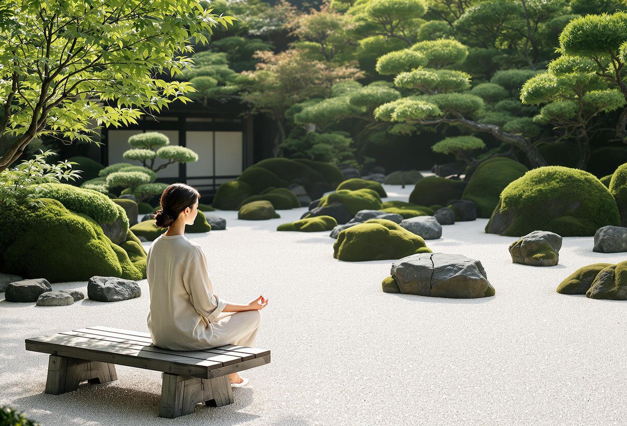 A tranquil photograph capturing a meticulously raked Zen garden in Kyoto, Japan, featuring a solo traveler meditating peacefully amidst the serene landscape. Perfect for visually impaired users seeking a calming and descriptive image.
