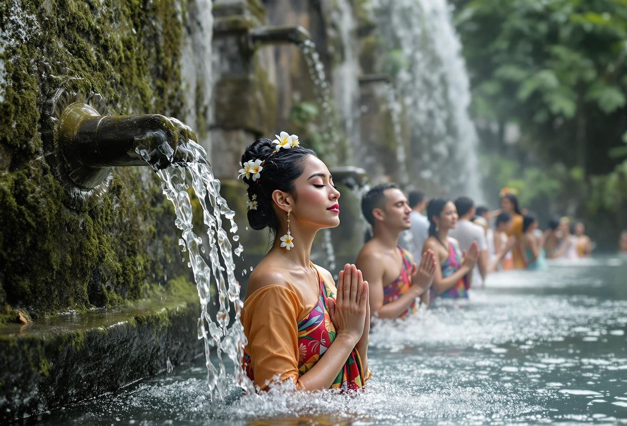 A photograph capturing a Melukat cleansing ritual at Tirta Empul Temple in Bali, Indonesia. People are immersed under flowing water spouts, participating in a spiritual purification.