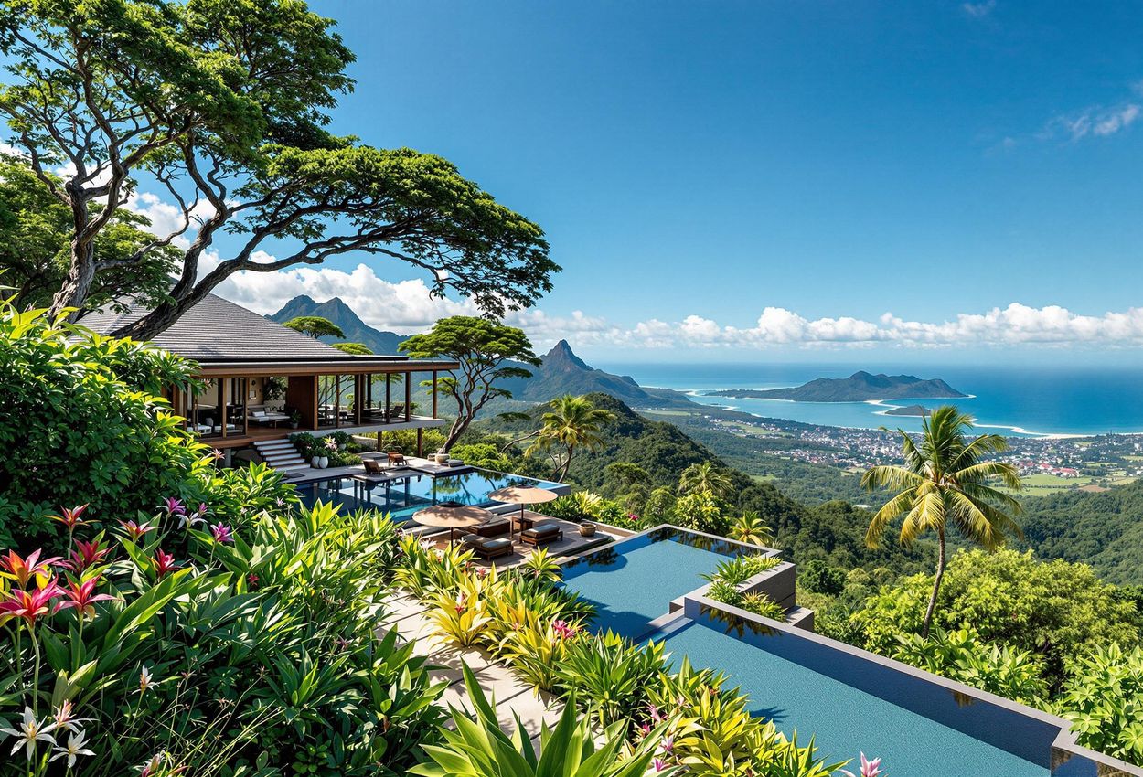 A panoramic photograph of The Retreat Costa Rica, a luxury wellness resort nestled atop a crystal-quartz mountain, showcasing its stunning architecture, lush gardens, and breathtaking views.
