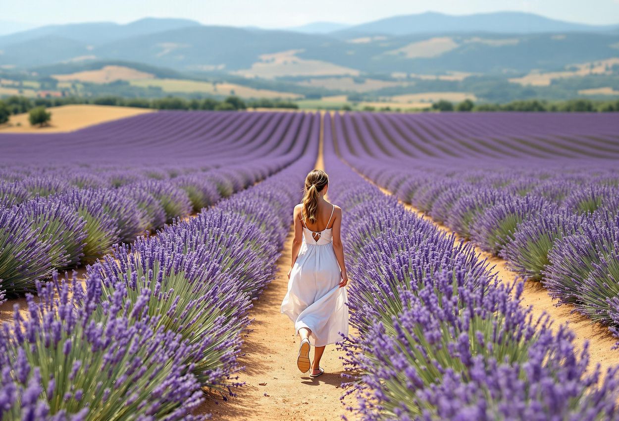 A breathtaking photograph of a vast lavender field in Provence, France, featuring a lone figure walking mindfully through the vibrant purple flowers under a warm, golden sun.