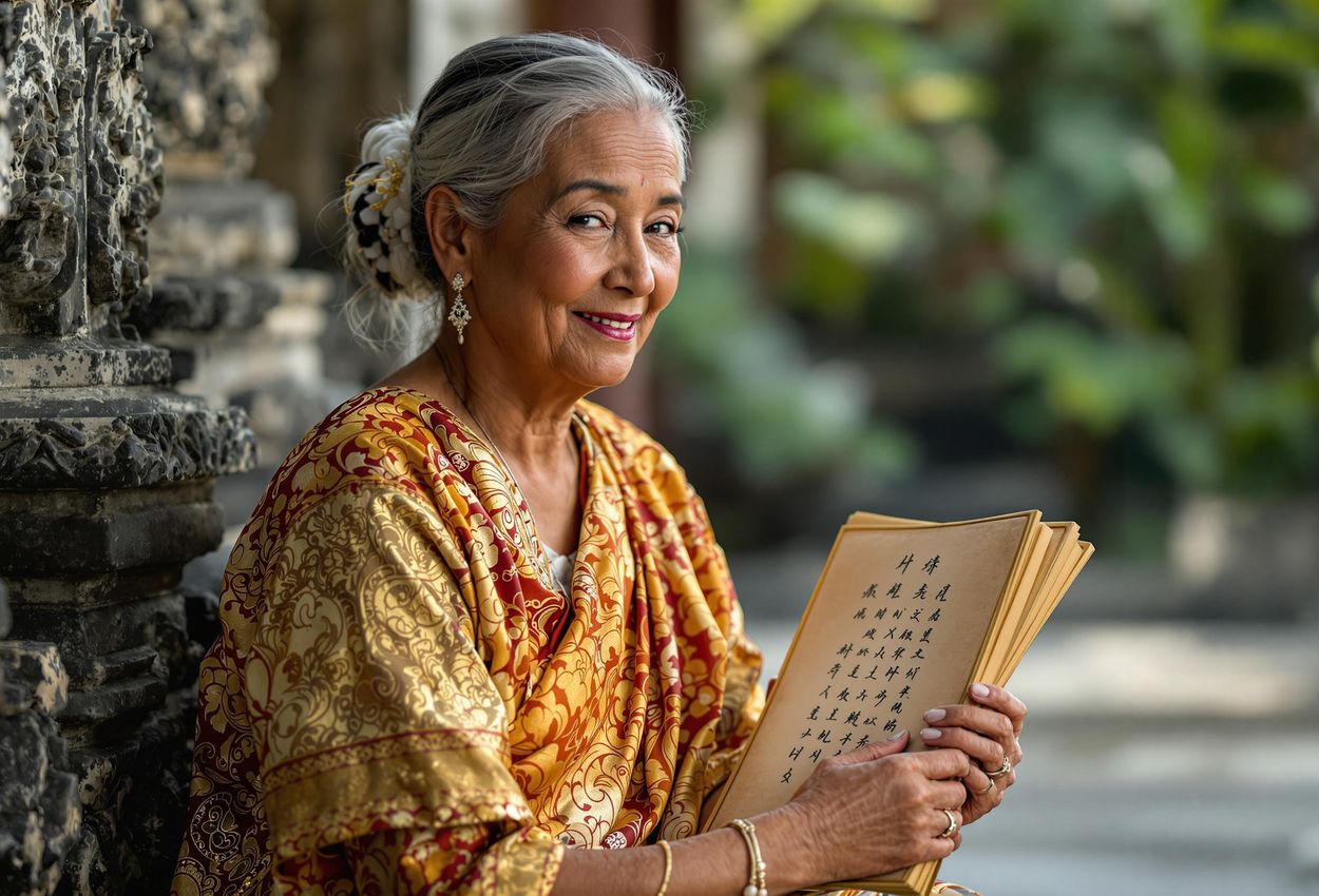 A portrait of a Balinese Balian (traditional healer) in traditional attire, holding a sacred lontar manuscript. The image captures the wisdom and compassion in her face, set against a blurred background of a traditional Balinese courtyard.