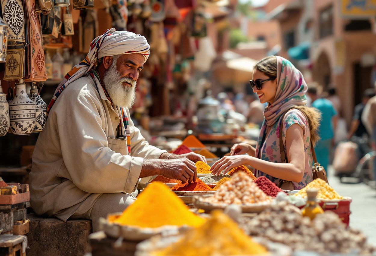 A captivating photograph capturing the energy and cultural richness of a local market in Marrakech, Morocco. Explore the bustling activity, exotic sights, and sounds of this unforgettable destination.