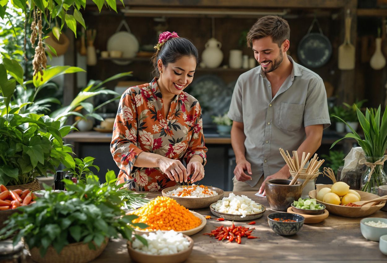 A detailed photograph captures a Balinese cooking class in Ubud, showcasing fresh ingredients and traditional dishes being prepared in an open-air kitchen.