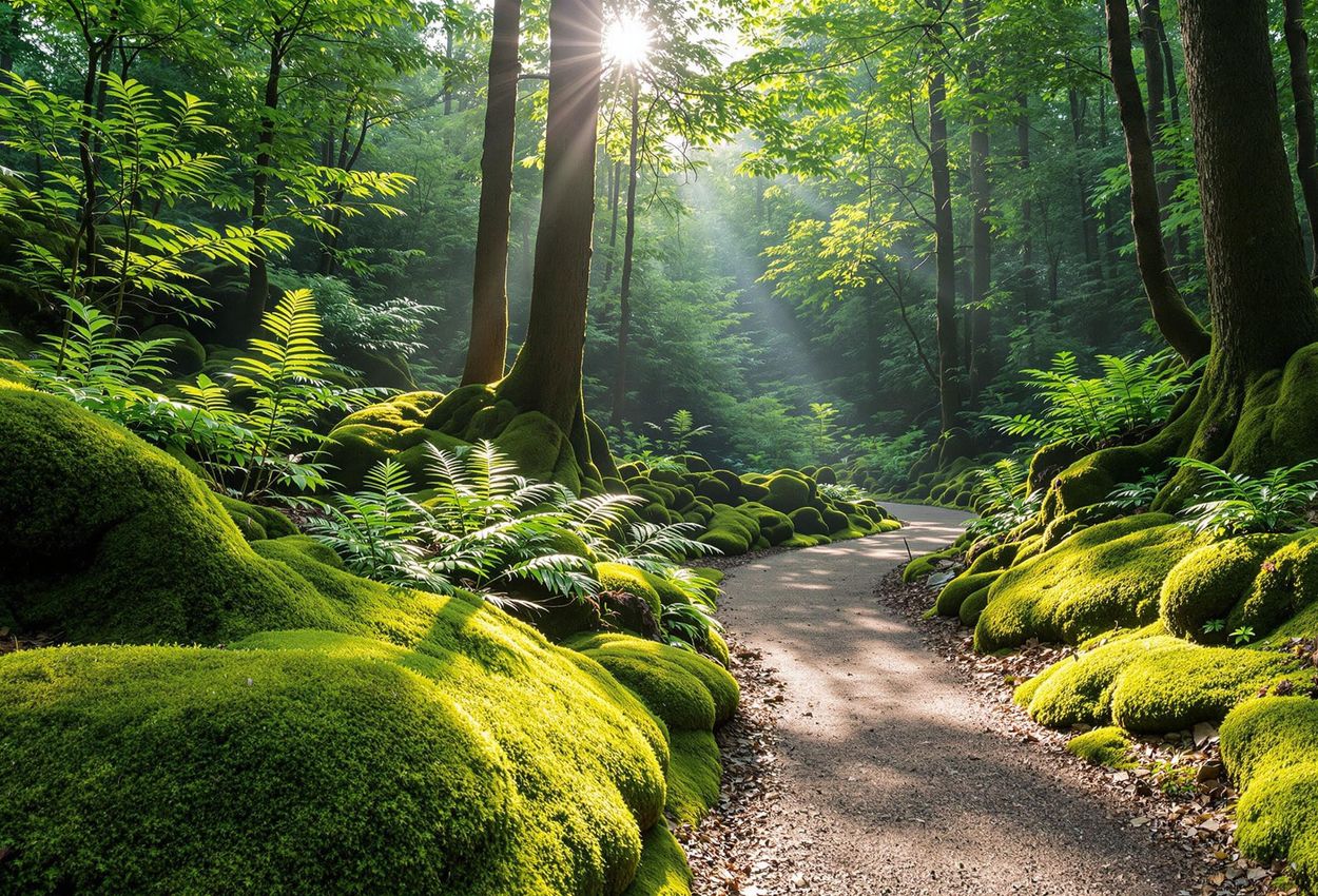Sun-Drenched Forest Clearing in Yakushima, Japan A wide-angle photograph captures a serene forest clearing in Yakushima, Japan. Sunlight filters through the lush green canopy, illuminating a moss-covered forest floor and a winding path.