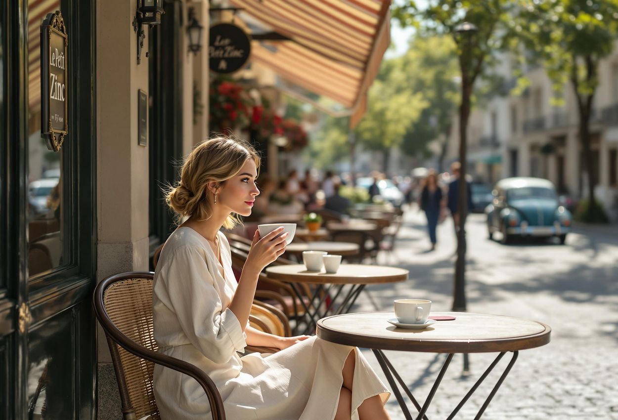 A captivating photograph capturing a solo traveler immersed in the vibrant atmosphere of a classic Parisian café, sipping café au lait and observing the city come to life.