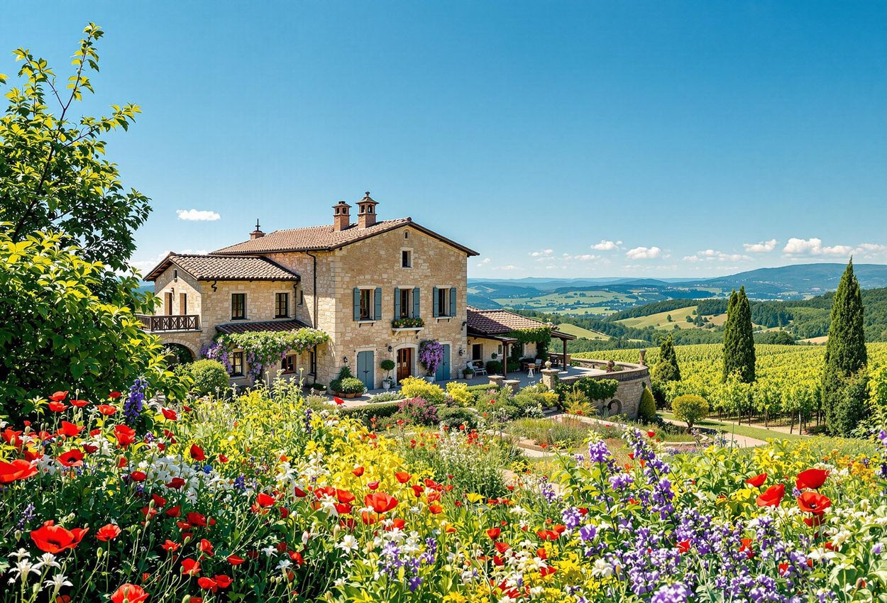 A serene landscape photograph of Borgo Santo Pietro in Tuscany, showcasing its beautifully restored farmhouse, lush gardens, and rolling vineyards under a clear blue sky.