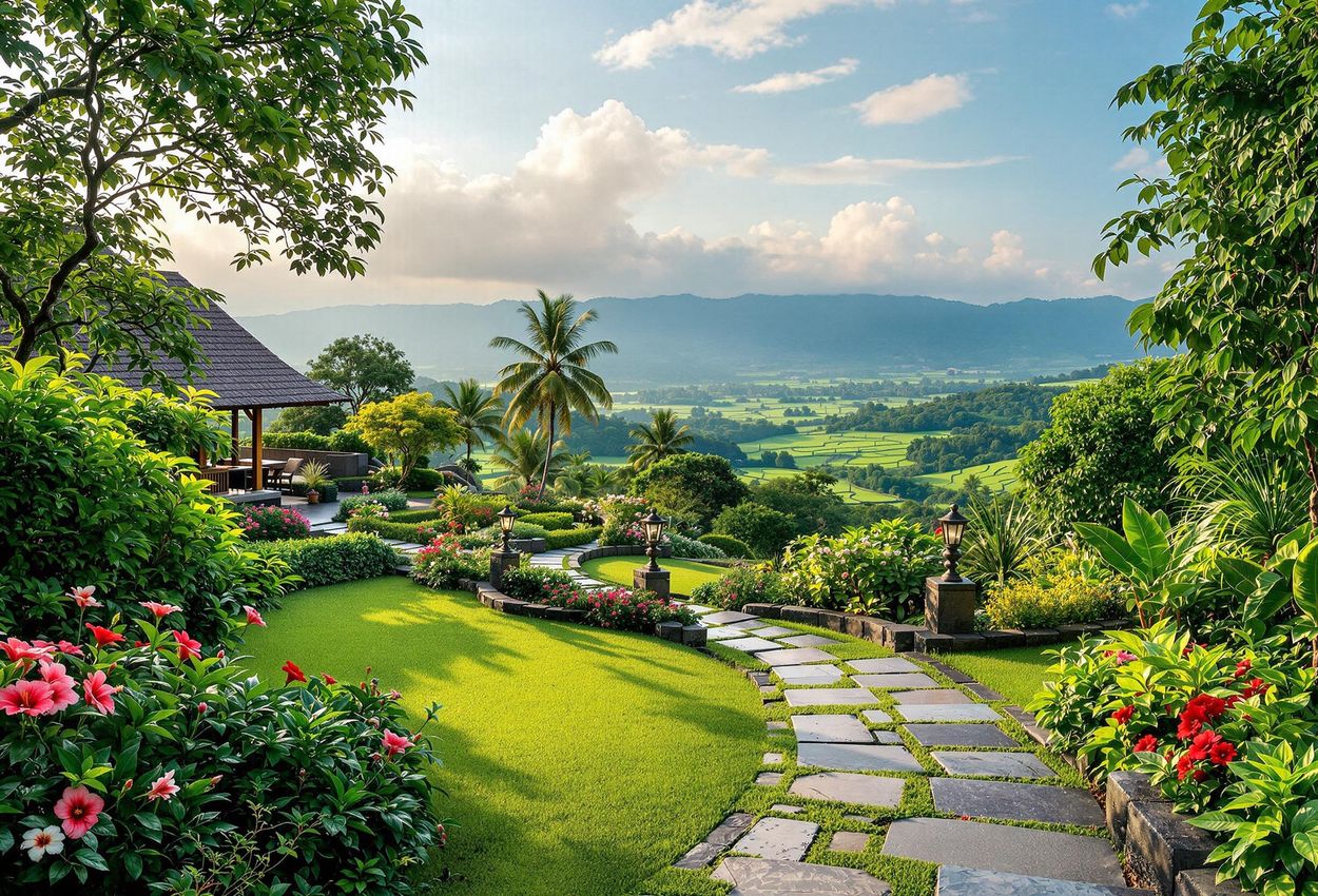 A serene landscape photograph of the Bali Silent Retreat, showcasing lush gardens, peaceful meditation spaces, and stunning views of the Balinese countryside.