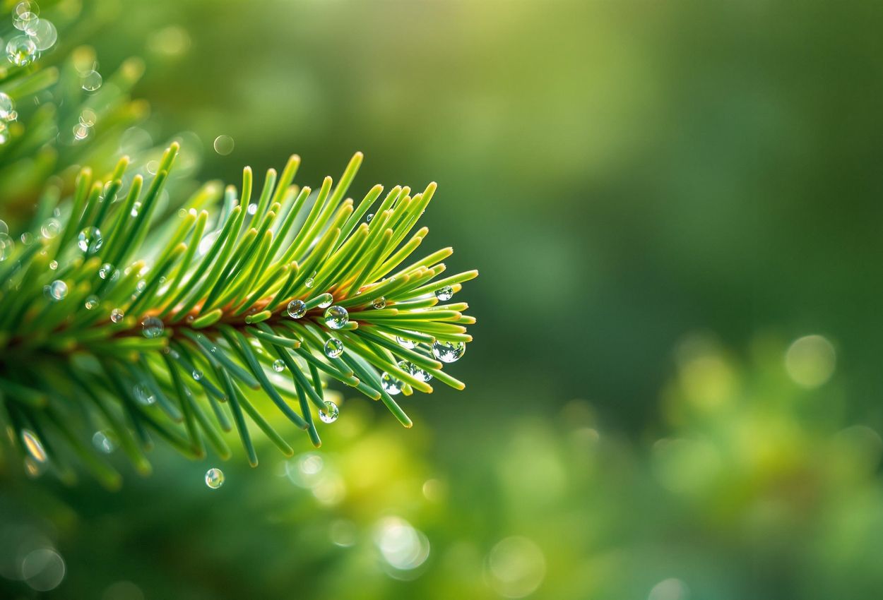 Macro Photo of Phytoncides Released from Pine Needles A close-up photograph capturing the natural phenomenon of phytoncides being released from pine needles in a forest, highlighting the beauty and science behind forest serenity.