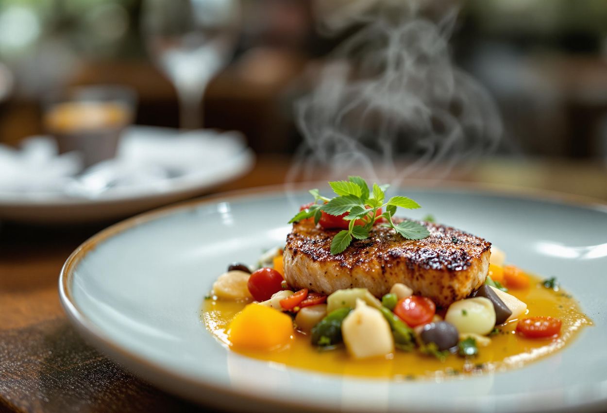 A close-up photograph showcasing a signature dish at the two-Michelin-starred Arnolfo Restaurant in Colle di Val d