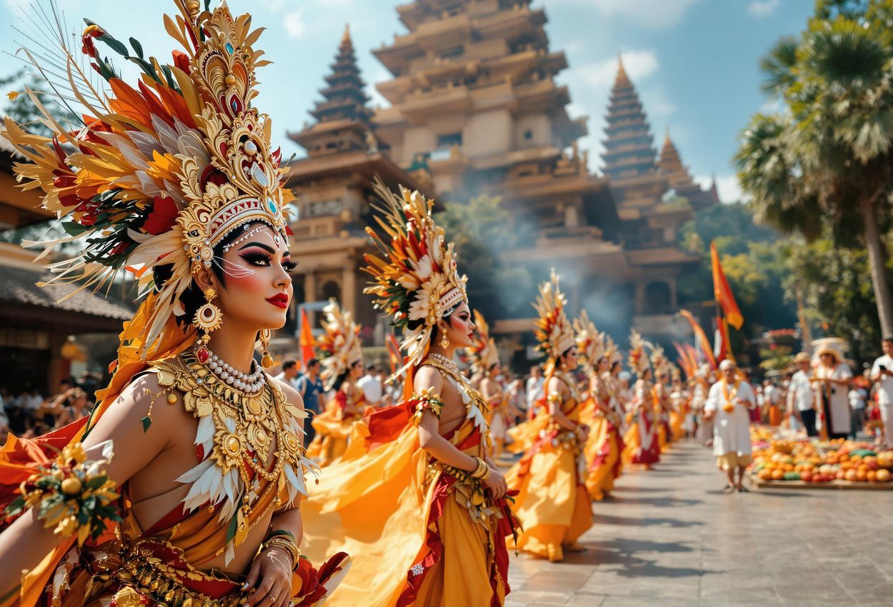 A captivating photograph of a Balinese temple ceremony, showcasing colorful dancers, ornate architecture, and deep cultural immersion.