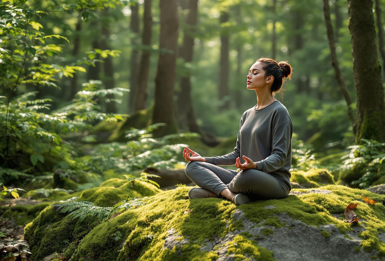 Mindful Meditation in Serene Forest Setting A photograph capturing a person in a moment of mindful meditation, seated on a moss-covered rock in a tranquil forest, bathed in dappled sunlight.