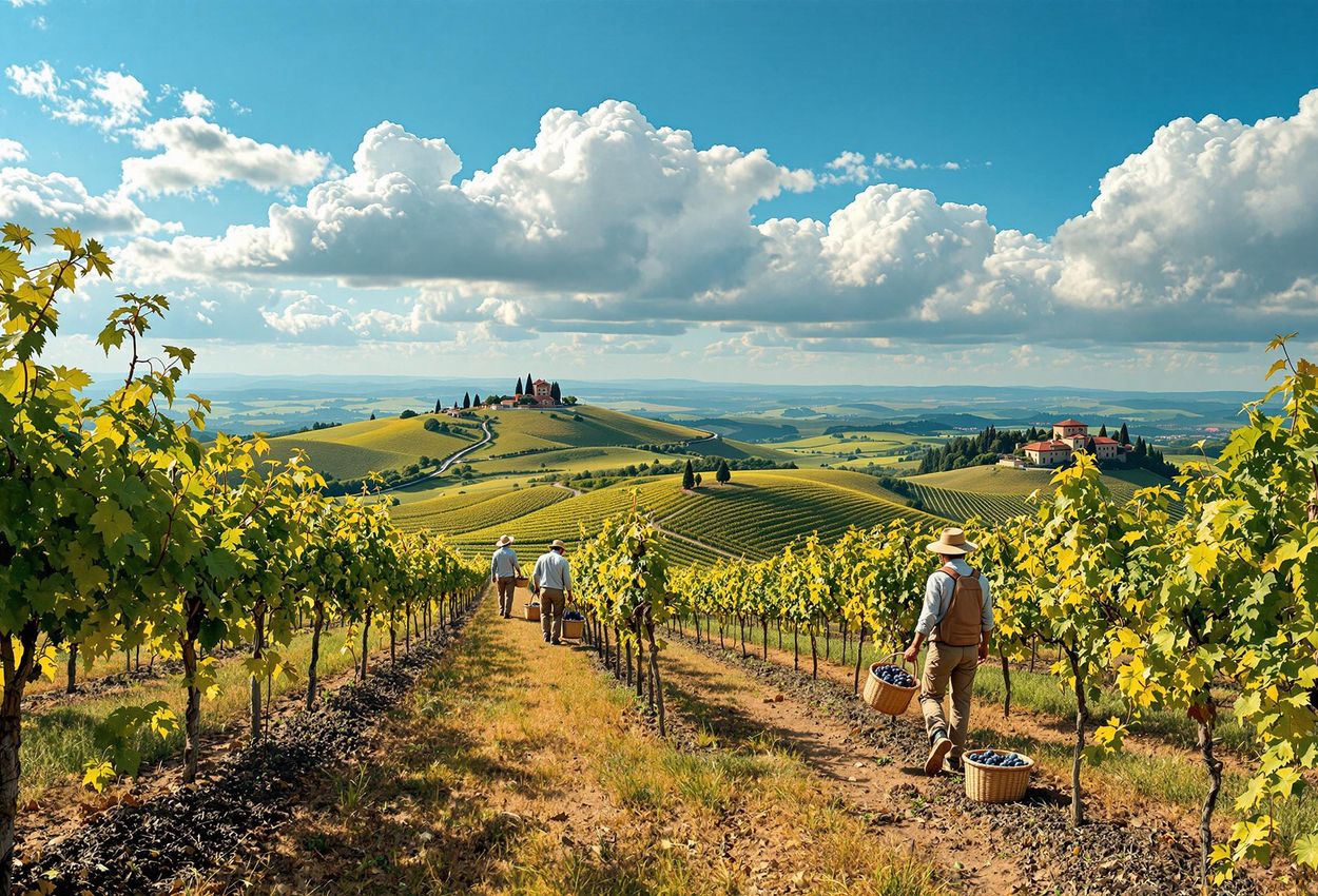 A stunning panoramic photograph of the Chianti Classico region during the grape harvest, showcasing rolling vineyards, dedicated workers, and the timeless beauty of the Tuscan landscape.
