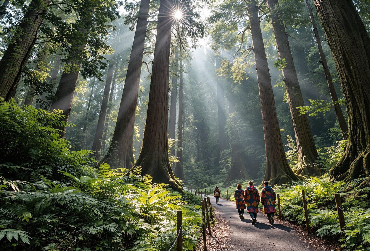 Ancient Kauri Forest in New Zealand: Awe-Inspiring Winter Landscape A wide-angle photograph capturing the majestic Waipoua Forest in New Zealand, featuring towering kauri trees, dramatic lighting, and a Maori guide leading a group through this ancient landscape.