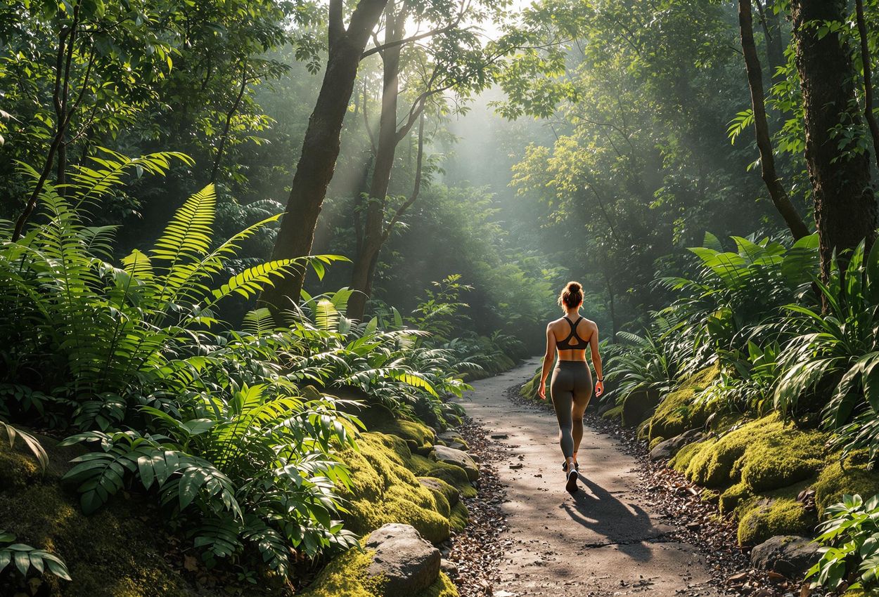 A photograph capturing a serene moment of forest bathing in Bali