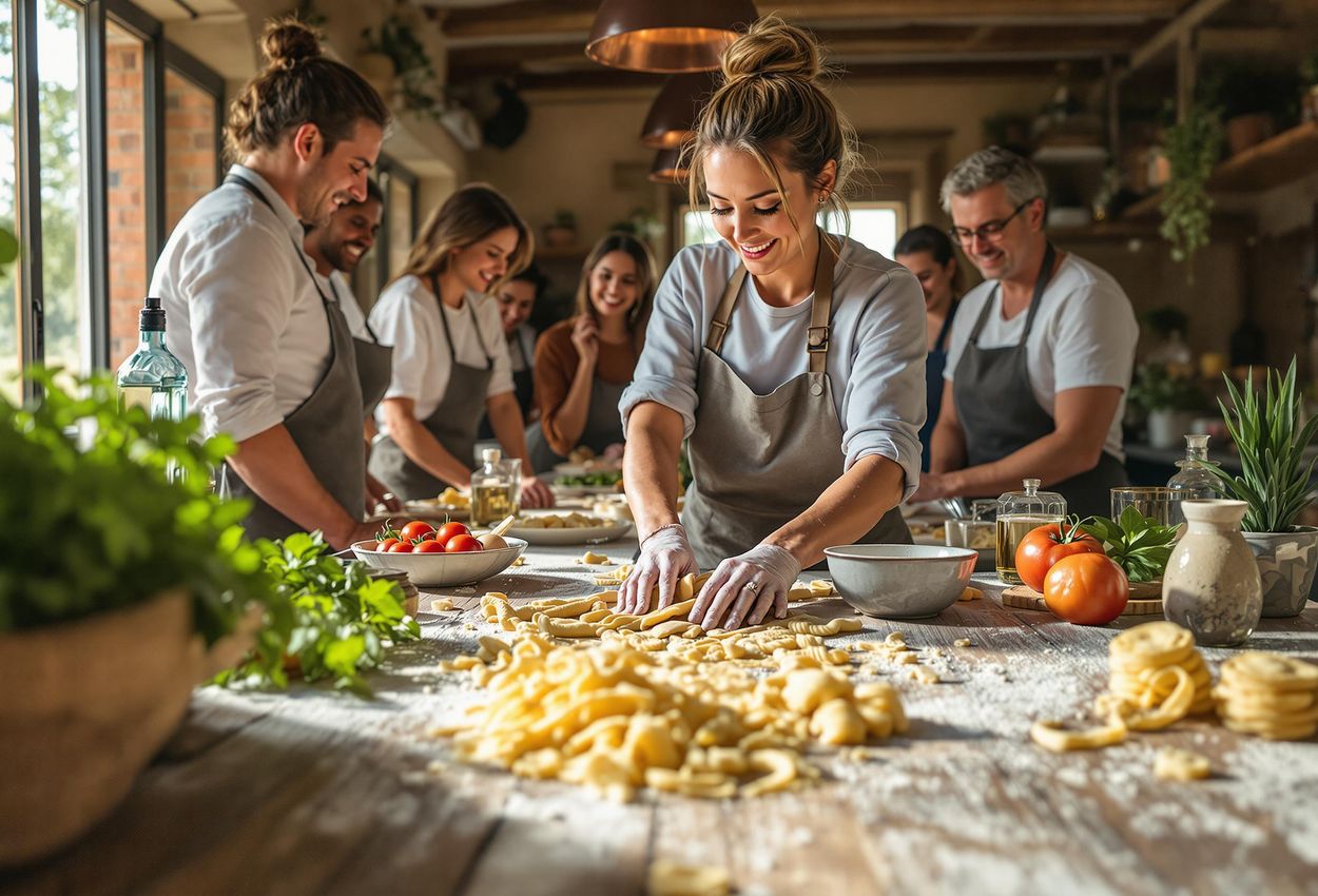 A photograph capturing a hands-on pasta making class at Juls