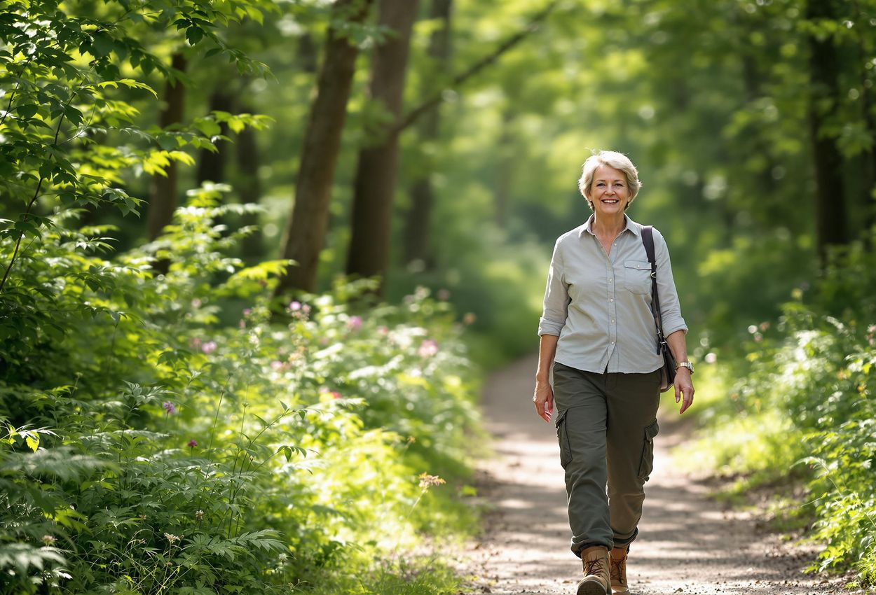 Veteran A medium shot of a veteran, Ruth, walking through Epping Forest in Essex, England. She is smiling gently, surrounded by the lush greenery of the forest.