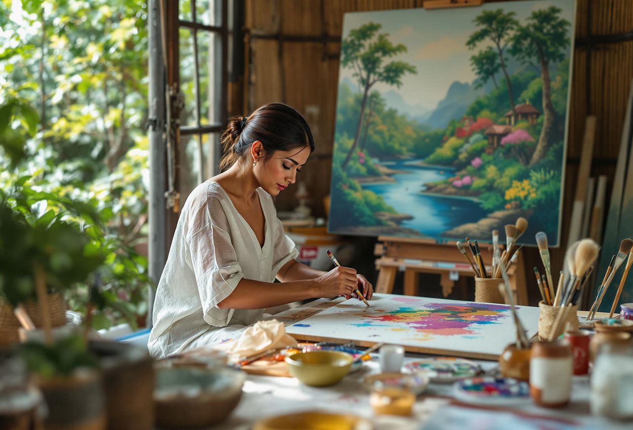 A photograph of a Balinese woman creating traditional art in an open-air studio in Ubud, Bali. The image captures the intricate details of the painting, the artisan
