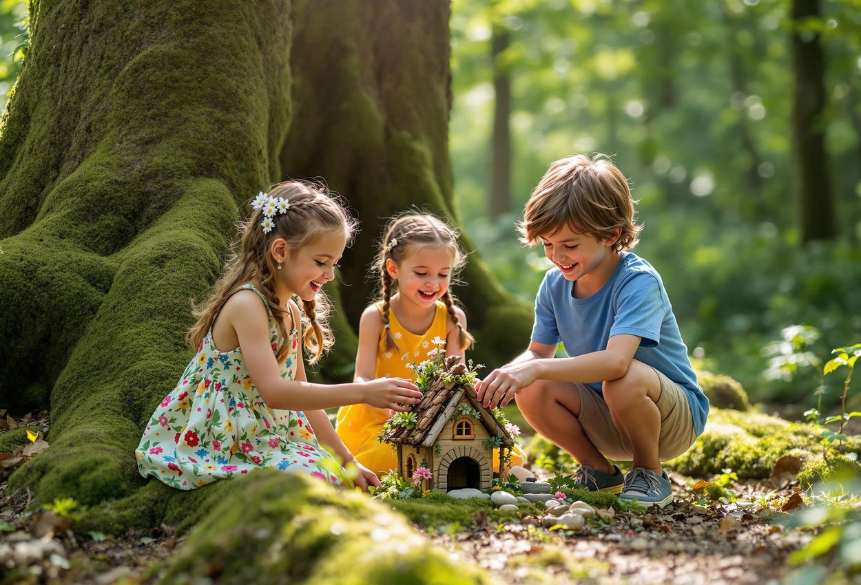 Children Building Fairy House in Enchanted Forest A heartwarming photograph capturing children immersed in nature, building a fairy house in a sunlit forest, showcasing the joy and creativity of childhood.