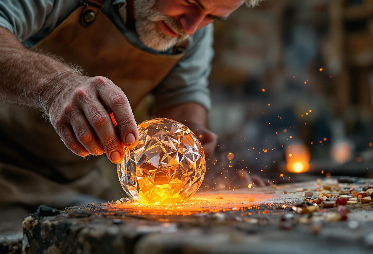 A close-up photograph of an artisan shaping molten crystal glass in a traditional workshop in Colle di Val d