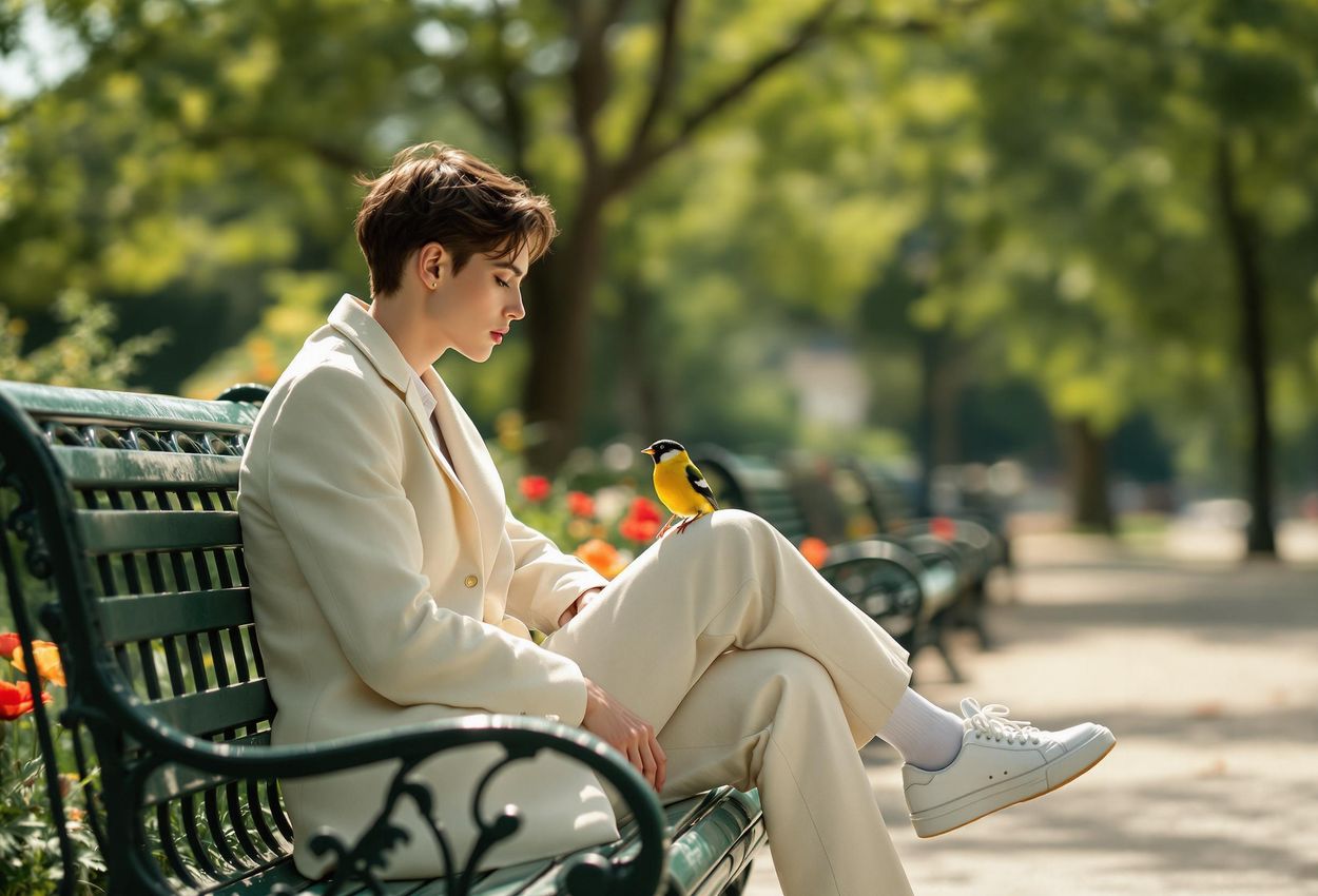 Mindful Moment in Parc des Buttes-Chaumont, Paris A photograph captures a person sitting on a park bench in Parc des Buttes-Chaumont, Paris, observing a goldfinch perched on a poppy. The scene evokes a sense of mindfulness and connection with nature.