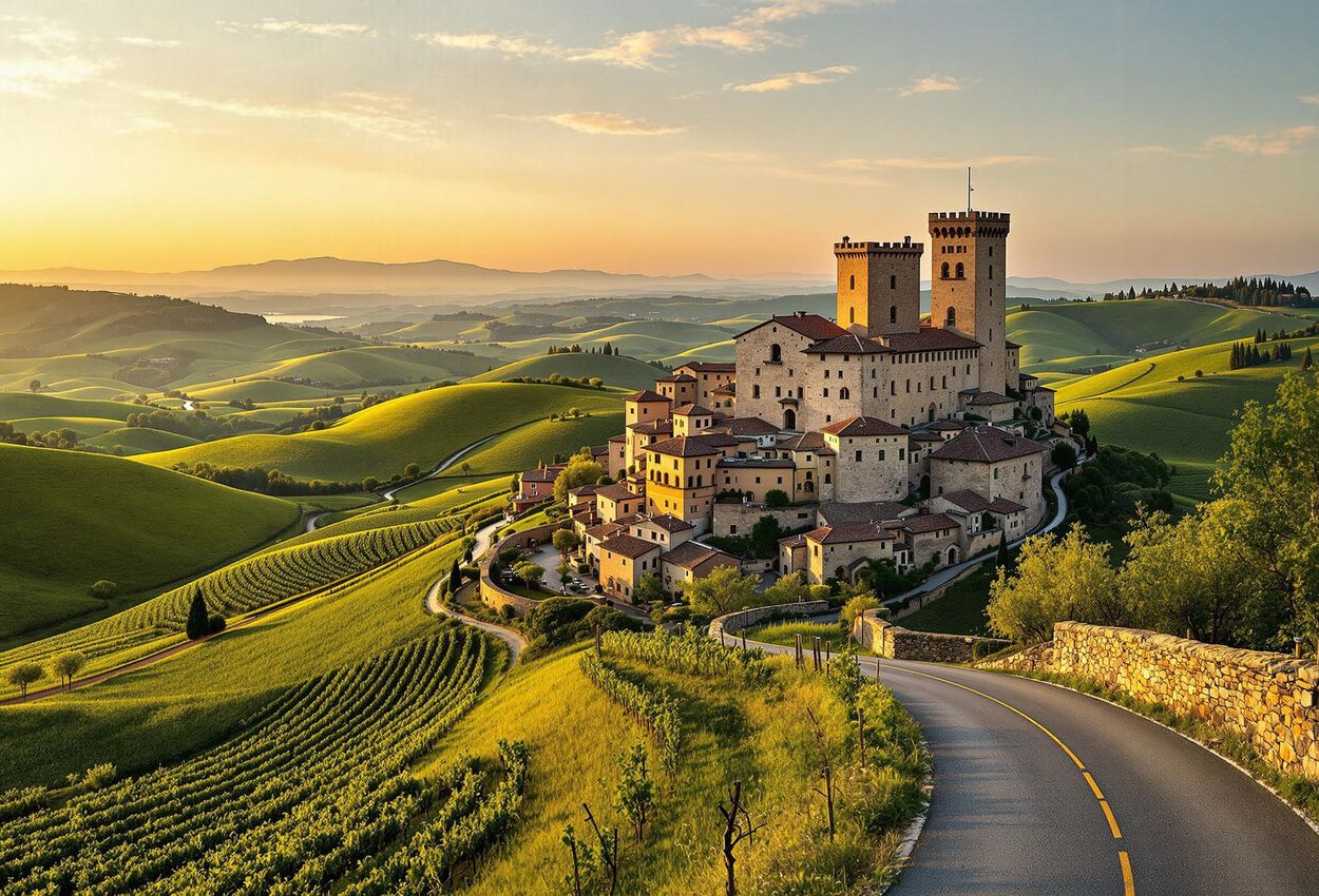 A stunning photograph of Poppi, Italy, showcasing its medieval castle and rolling hills under the warm glow of the setting sun.