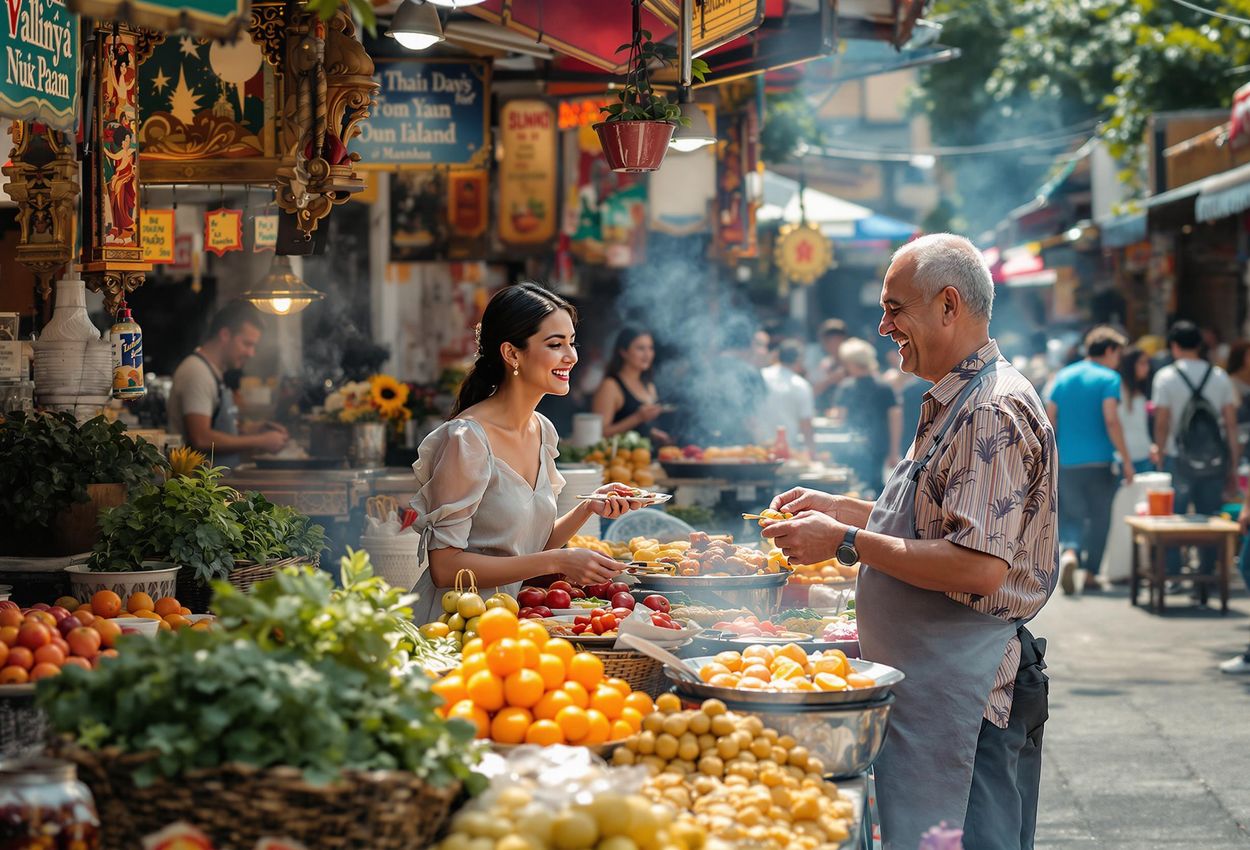 A photograph captures a bustling street food market in Bangkok, Thailand, filled with colorful stalls, exotic dishes, and smiling people enjoying the local cuisine.