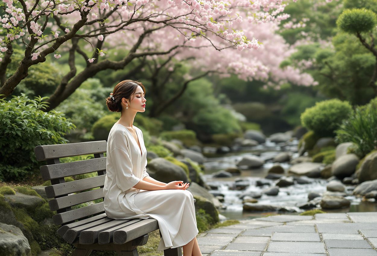 A serene photograph capturing a woman meditating in a lush Kyoto garden, surrounded by blooming cherry blossoms and the soothing sounds of nature. A perfect sanctuary for the mind.