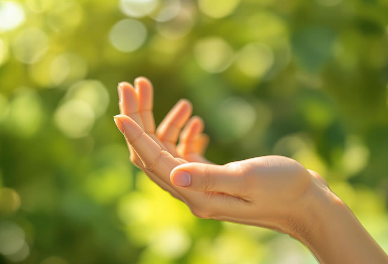 A close-up photograph shows a hand gently closing one nostril to demonstrate the alternate nostril breathing technique, set against a blurred, natural background.