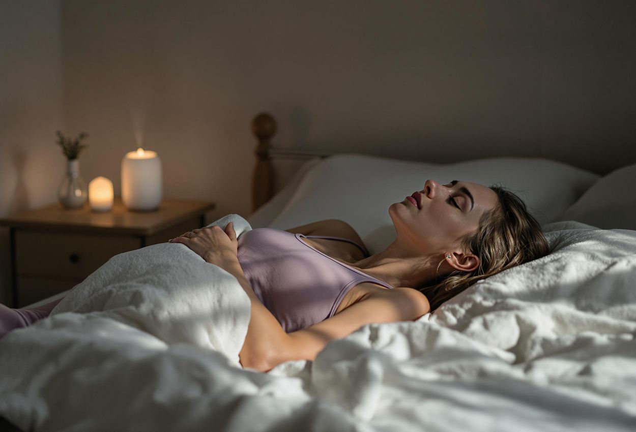 A photograph of a woman lying on a yoga mat in a dimly lit room, practicing resonant breathing to promote relaxation and sleep.