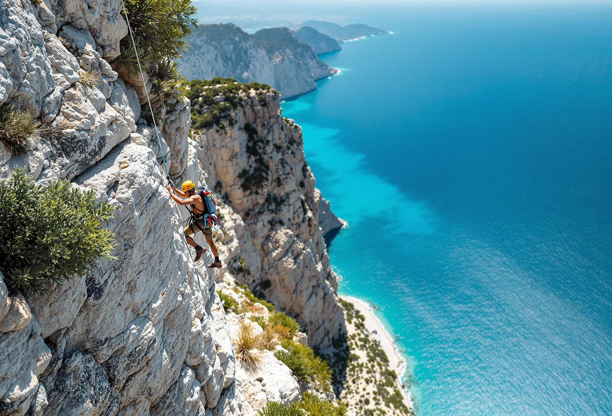 A lone trekker rappels down a dramatic cliff face along Sardinia