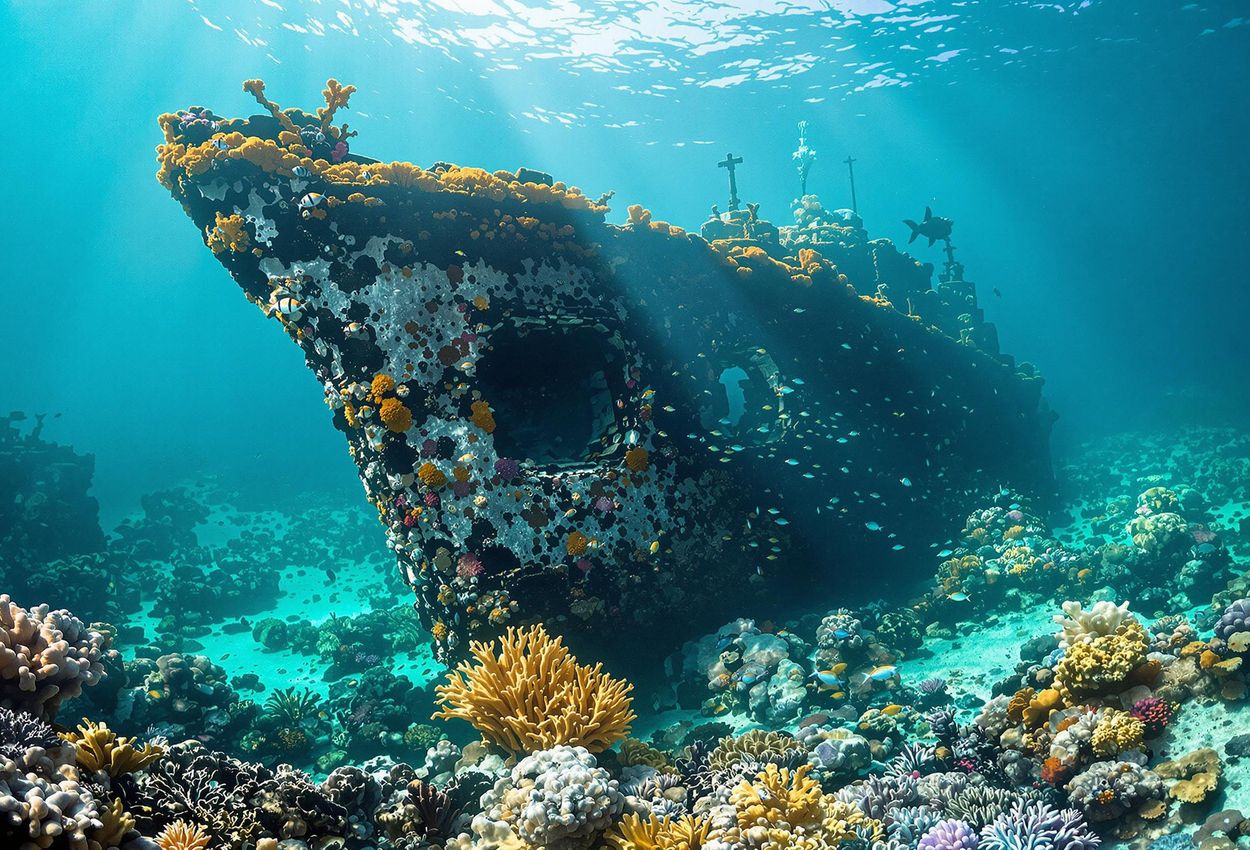 A stunning underwater photograph of the HMS Hermes shipwreck off Sri Lanka, now a vibrant ecosystem teeming with coral and marine life.