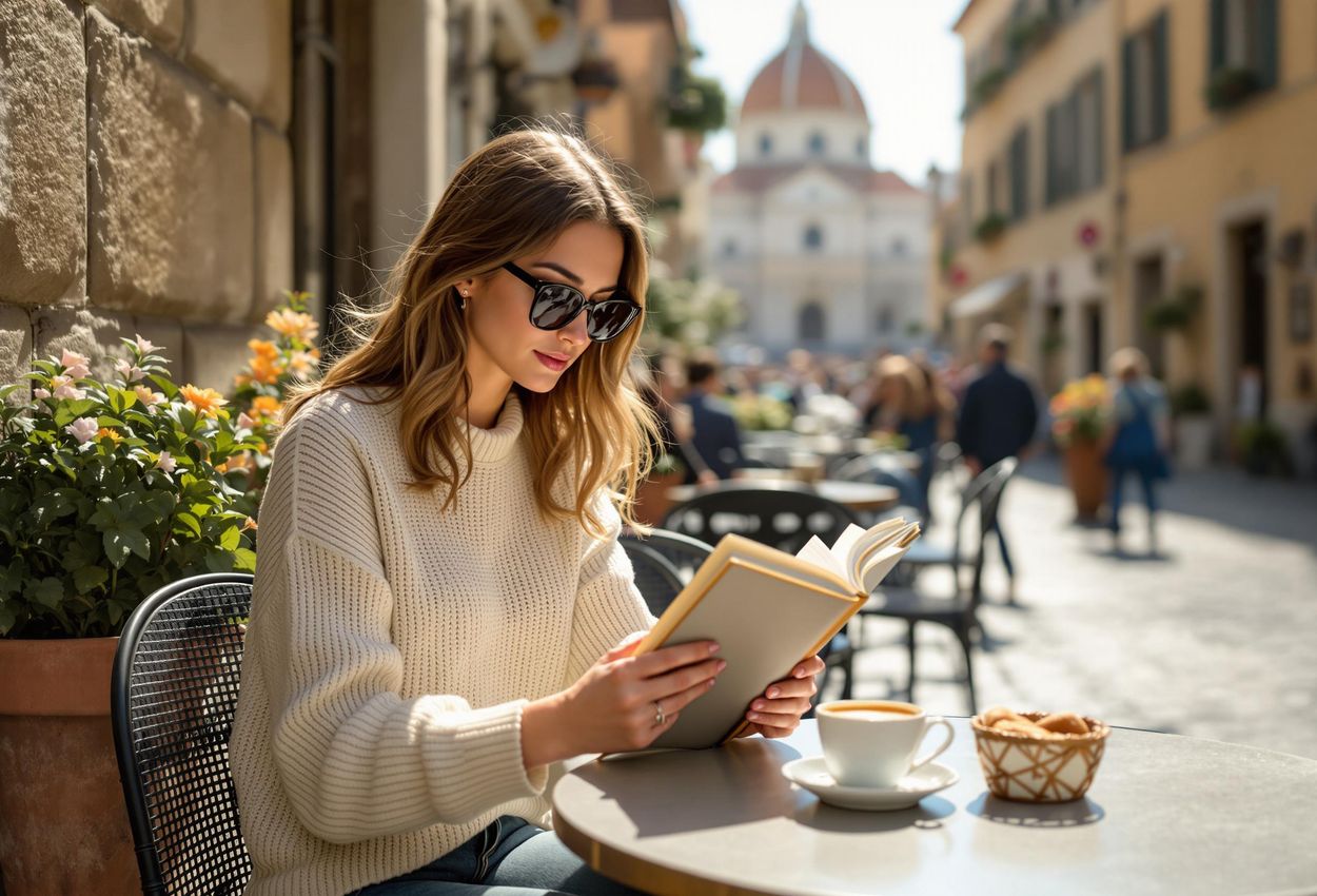 Traveler Immersed in Italian Culture at Florence Cafe A photograph captures a traveler engrossed in a guidebook at a charming cafe in Florence, Italy, highlighting the beauty of cultural immersion and pre-trip preparation.