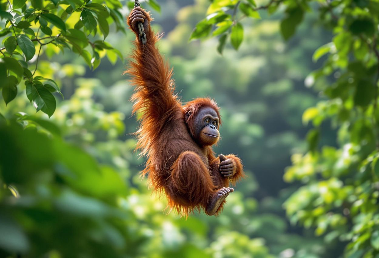 Orangutan Swinging Through Trees at Sepilok, Borneo A photograph capturing an orangutan swinging through the trees at the Sepilok Orangutan Rehabilitation Centre in Borneo, showcasing its natural habitat and the importance of conservation efforts.