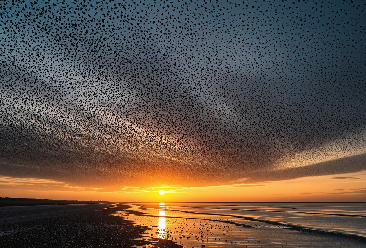 A stunning photograph capturing the Black Sun phenomenon, a massive starling murmuration over the Wadden Sea at sunset, creating a breathtaking display of nature