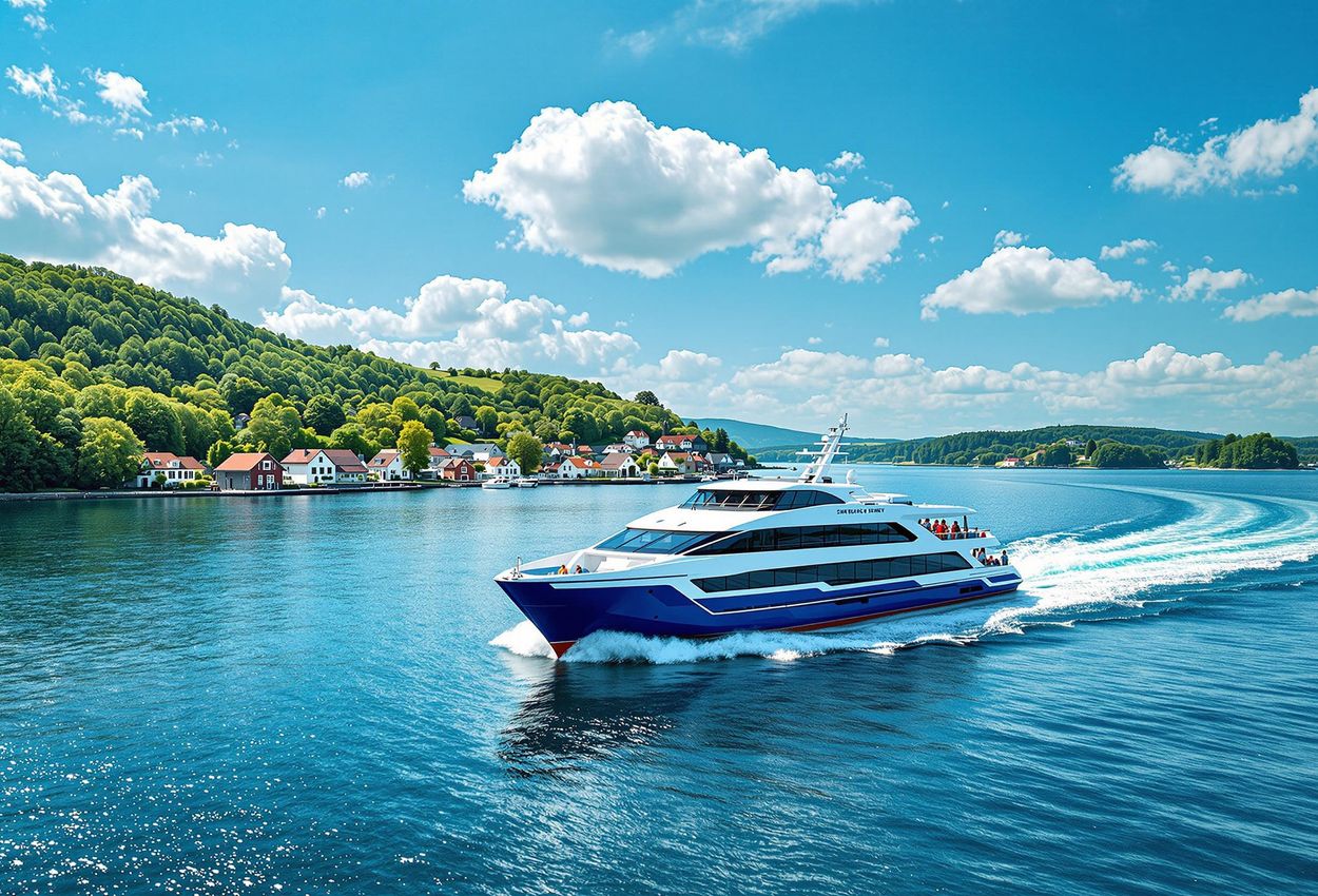 A photograph capturing a modern ferry sailing through the South Funen Archipelago, showcasing the idyllic Danish islands and clear blue waters.