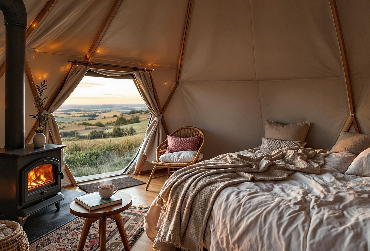 A photograph capturing the warm and inviting interior of a glamping yurt on Langeland, Denmark, featuring antique furniture, soft lighting, and panoramic views of the surrounding landscape.